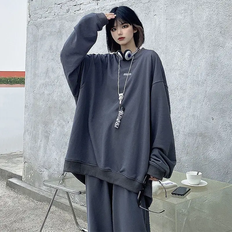 Koreon Women Oversized Tracksuit Two Piece Pant Sets Long Sleeve Top Spring Autumn Solid Casual Vintage Streetwear Sports Suit