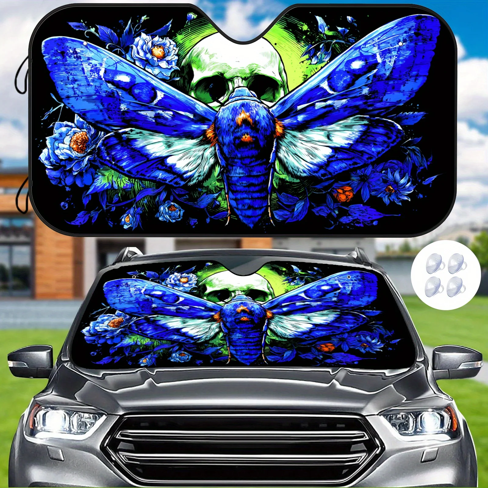 Blue Moth Skull Car Front Windshield Sunshade, Trendy Art Illustration, Heat Insulation And Temperature Control To Maintain A C