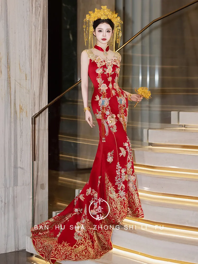 Elegant Bodycon Mermaid Bridal Qipao Xiuhe Gown Long Train Design For Summer Wedding Reception Going‑Out Chinese Toast Costume