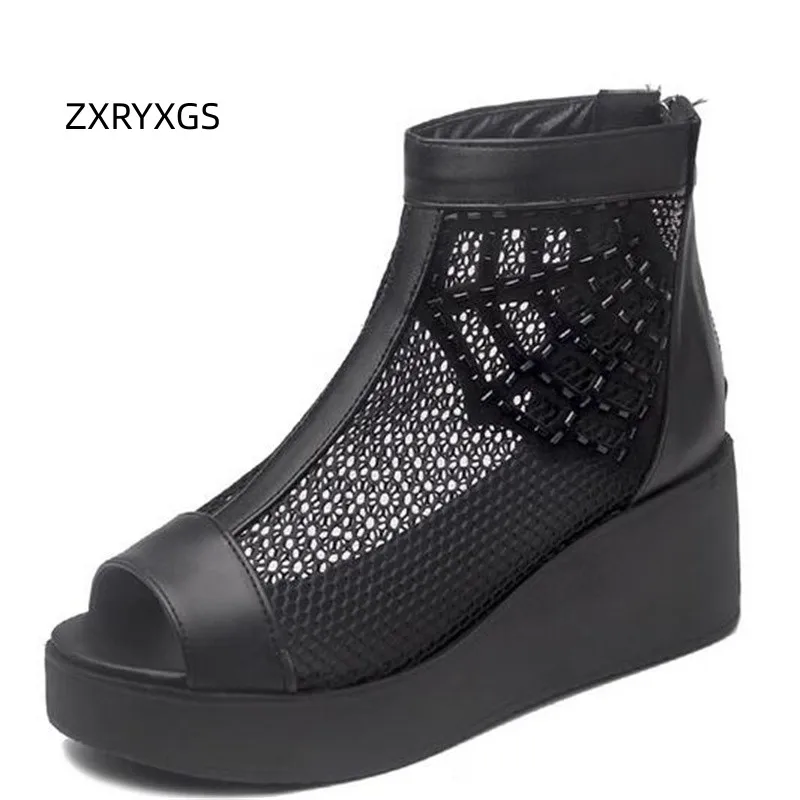 

ZXRYXGS Summer Fish Mouth Boots Black Shoes Woman Sandals 2023 High Quality Pu Mesh Rhinestone Sandals Wedges Platform Shoes New