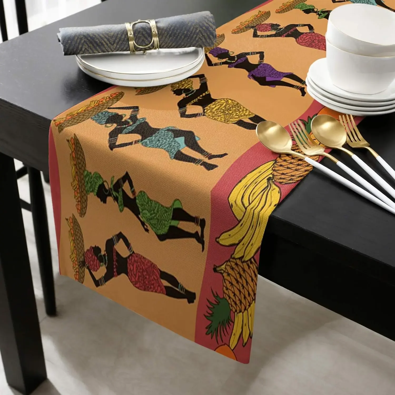 1pc African Style Table Runner Orange Red Tribal Dancers And Pineapple Print Table Cover For Dining Room Kitchen Home Decoration