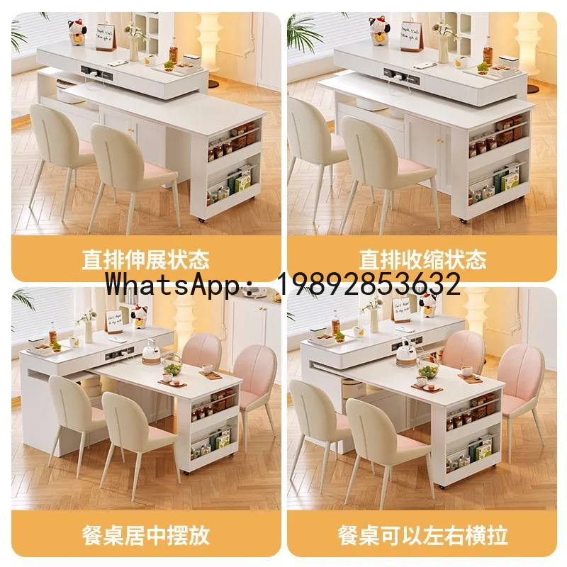 LYY Multifunctional Bar Table Dining Table Integrated Home Use Extendable Cream Style White Rock Board Solid Wood Island Table
