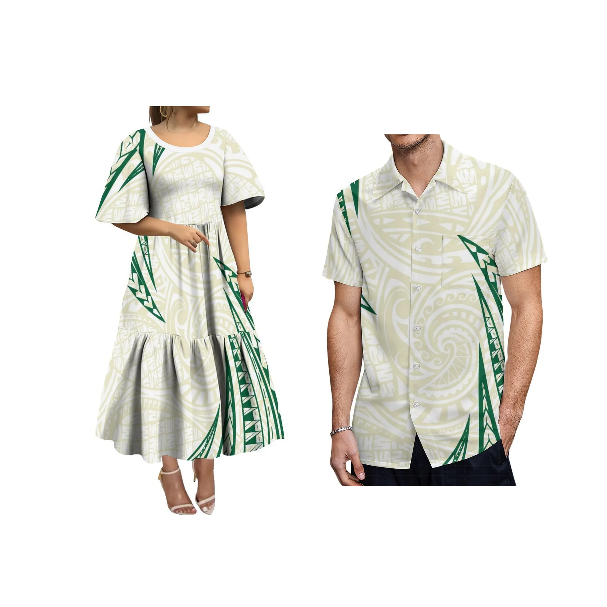 Vestido Midi con Estampado Tribal Polinesio Personalizado, Cuello Redondo, Manga Corta con Volantes, Estilo Coral Island para Mujer