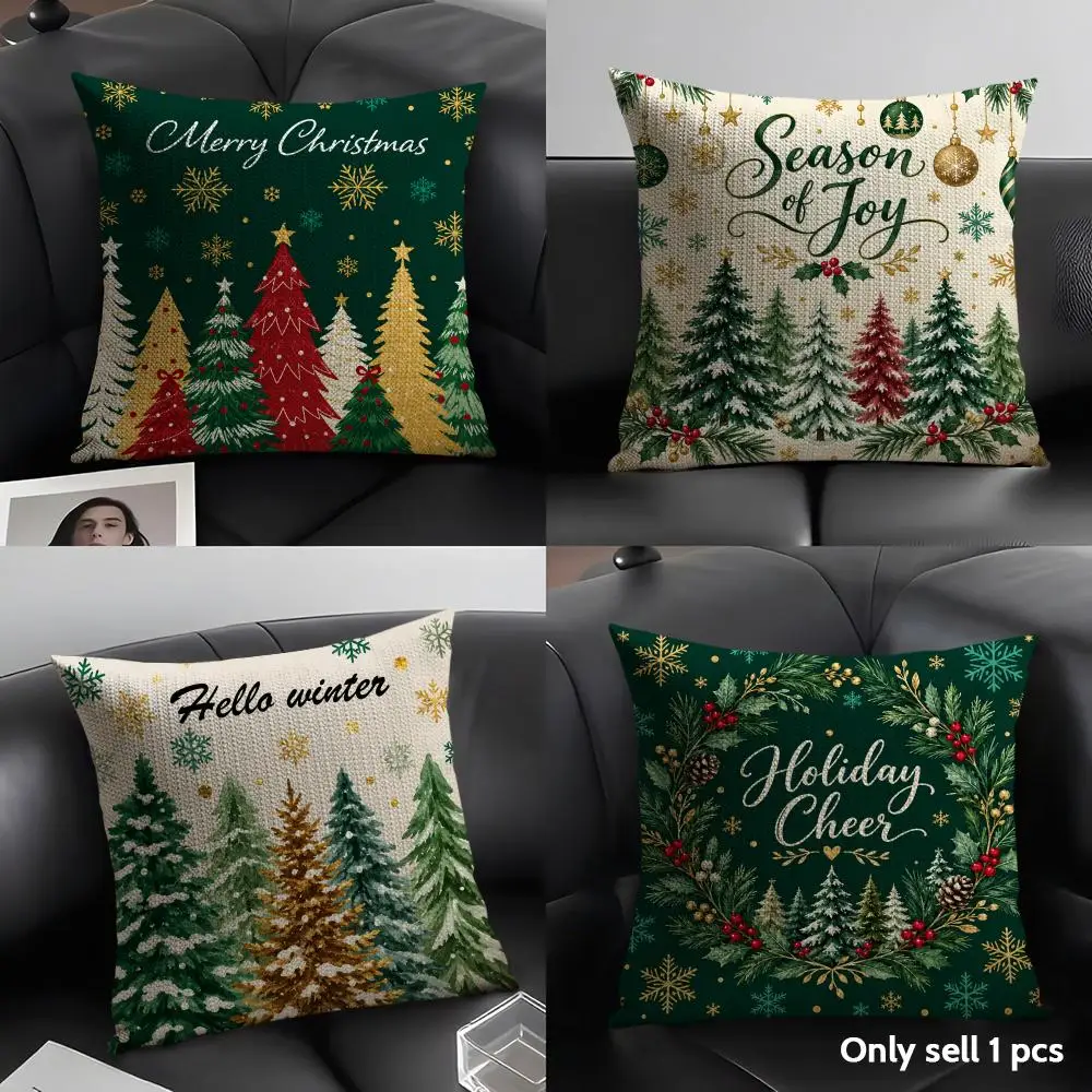 4PC Winter Pine Christmas Cushion Cover Linen Fabric Double-Sided Printing Breathable Pillow Case for Sofa Home Decor Gift