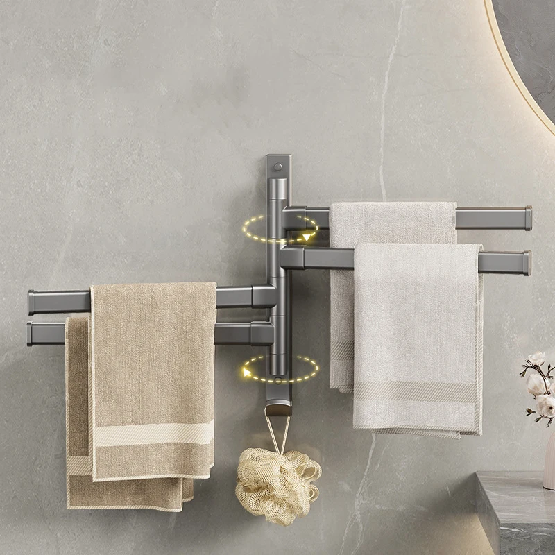 Bathroom Towel Holder Metal Swivel Towel Rack Space Saving Swinging Towel Rack Wall Mounted With Hooks Bathroom Accessories