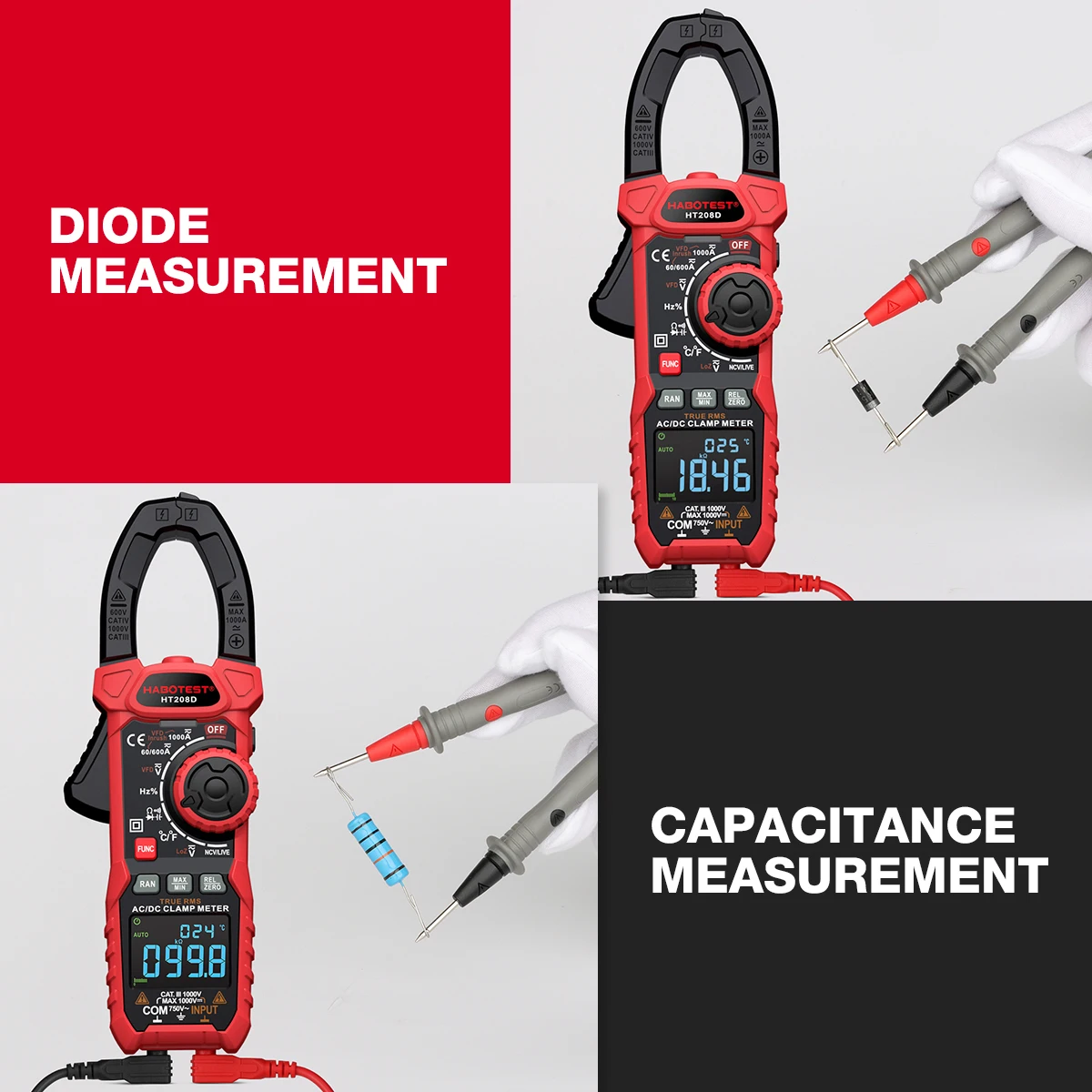 HABOTEST HT208 Inrush Digital Clamp Meter 1000A 1000V AC DC Current Clamp True RMS Ammeter Voltmeter VFD REL Ohm Tester