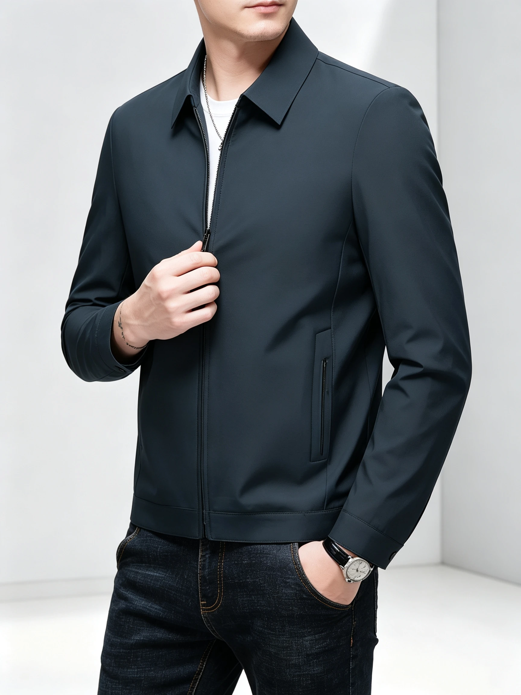 Men's Lapel Collar Zip Up Jacket Thin Smooth Business Casual Coat Dark Navy Solid Outerwear For Spring Autumn