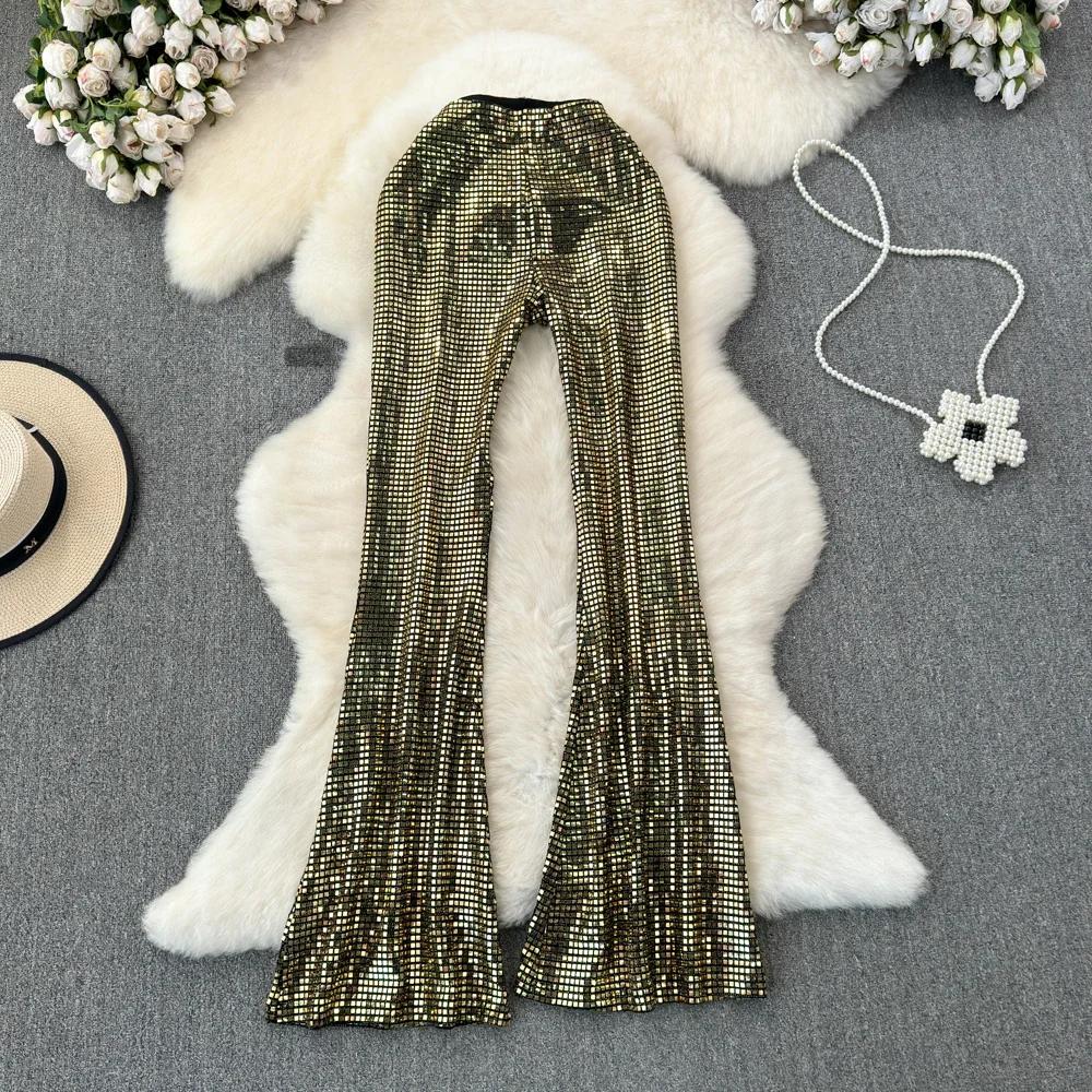 

Basics Vintage Casual High Waist Chic Glitter Sequin Slim Full Length Flare Pants Streetwear High Street Spring Autumn Clothing