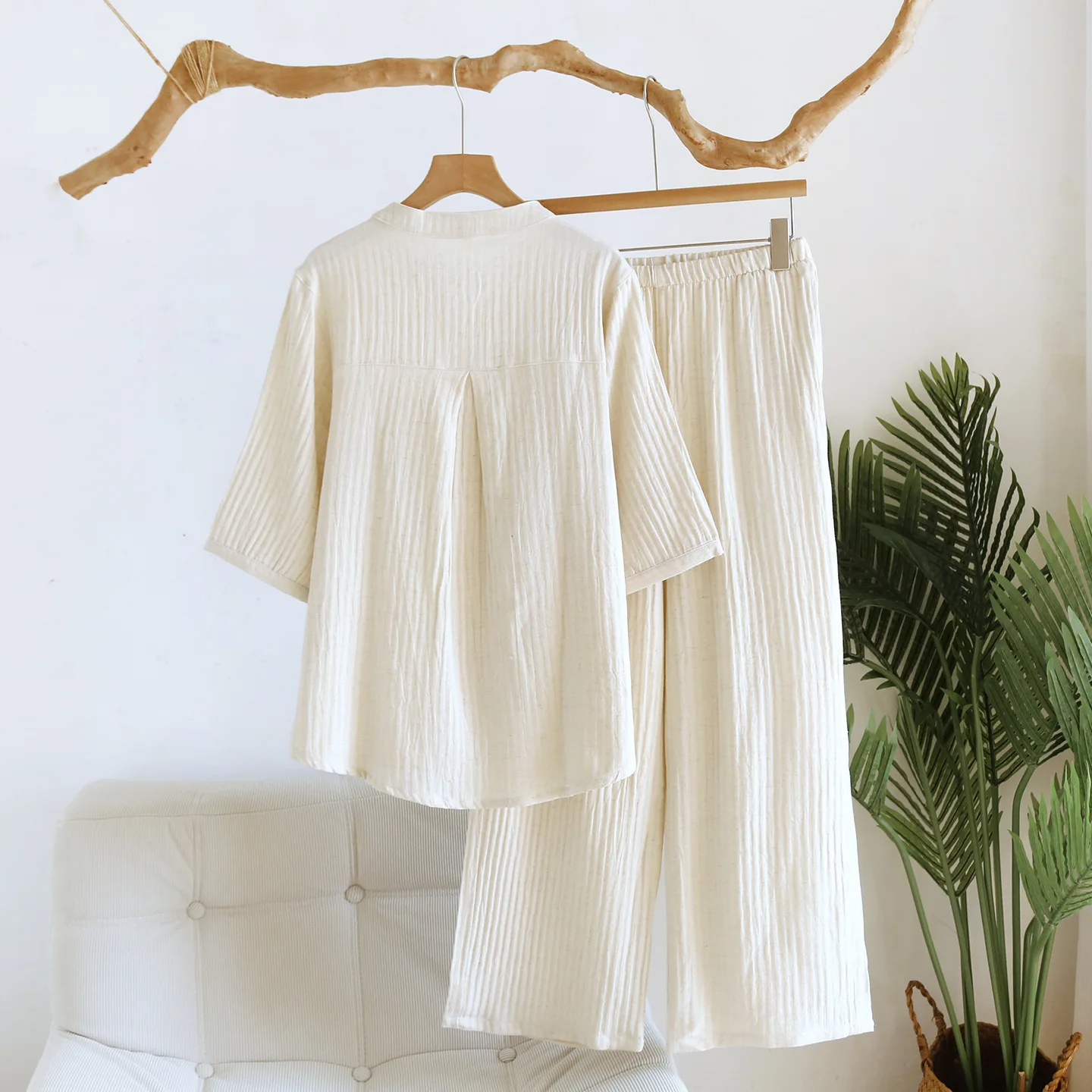 Solid Color Cotton Pajamas Clothes for Women's Spring Autumn Thin Casual Half Sleeve Cardigan Pants Home Clothes Set