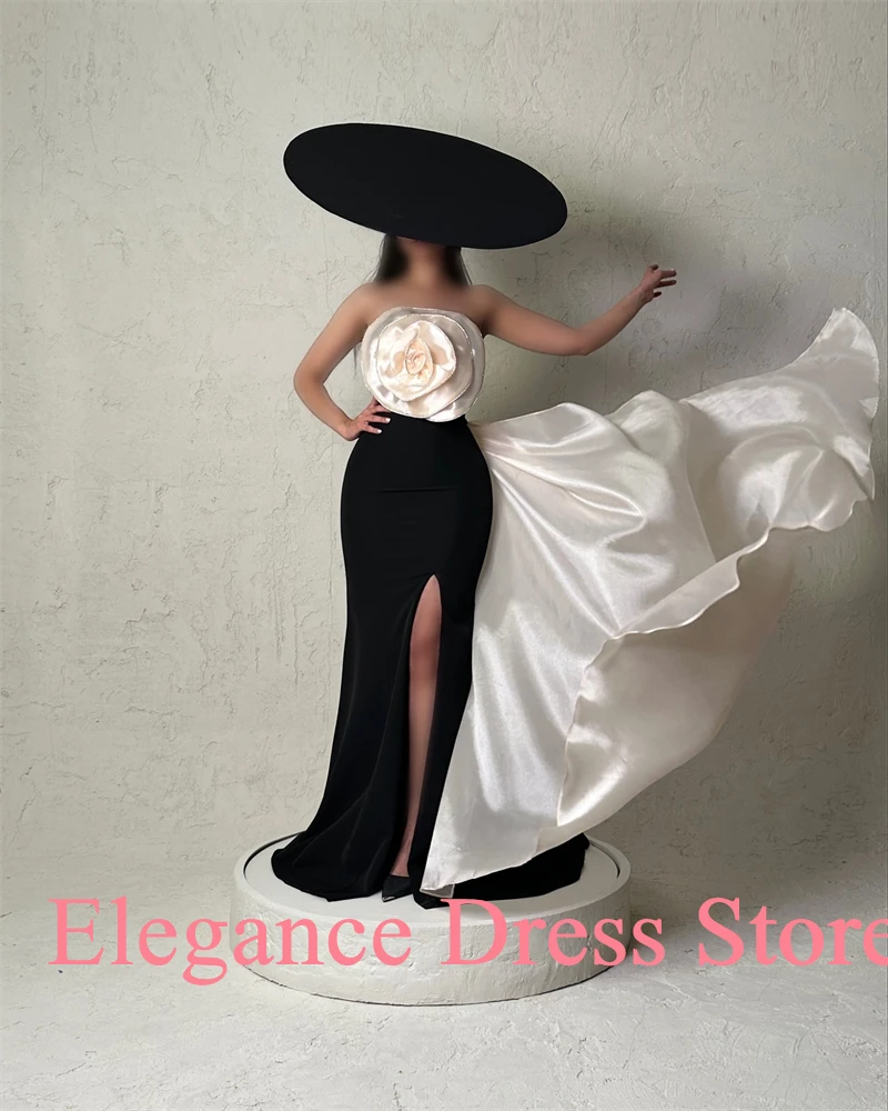 Customized Graceful Mermaid Flowers Panel Train Evening Dresses Delicate Satin Pleats Strapless Vestido De Festa Robe