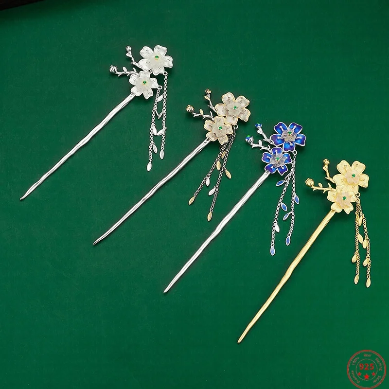 

S925 Sterling Silver Hairpin for Women New Fashion Enamel Flowers Zircon Crystal Tassel Hair-sticks Headwear Hair Accessories