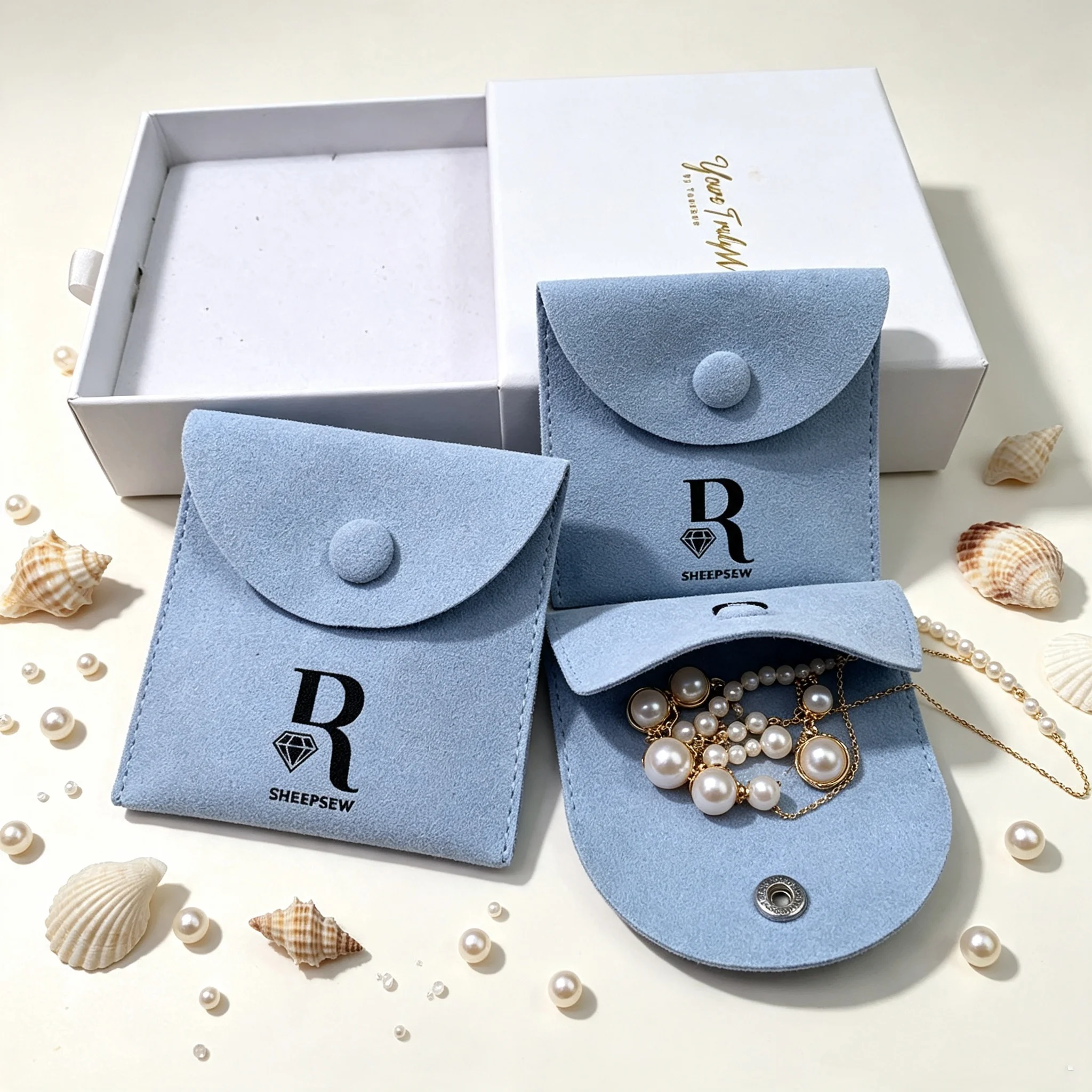 SheepSew Elegant Custom Logo Snap Velvet Jewellery Pouch And Drawer Gift Box Premium Packaging For Birthday Wedding Anniversary