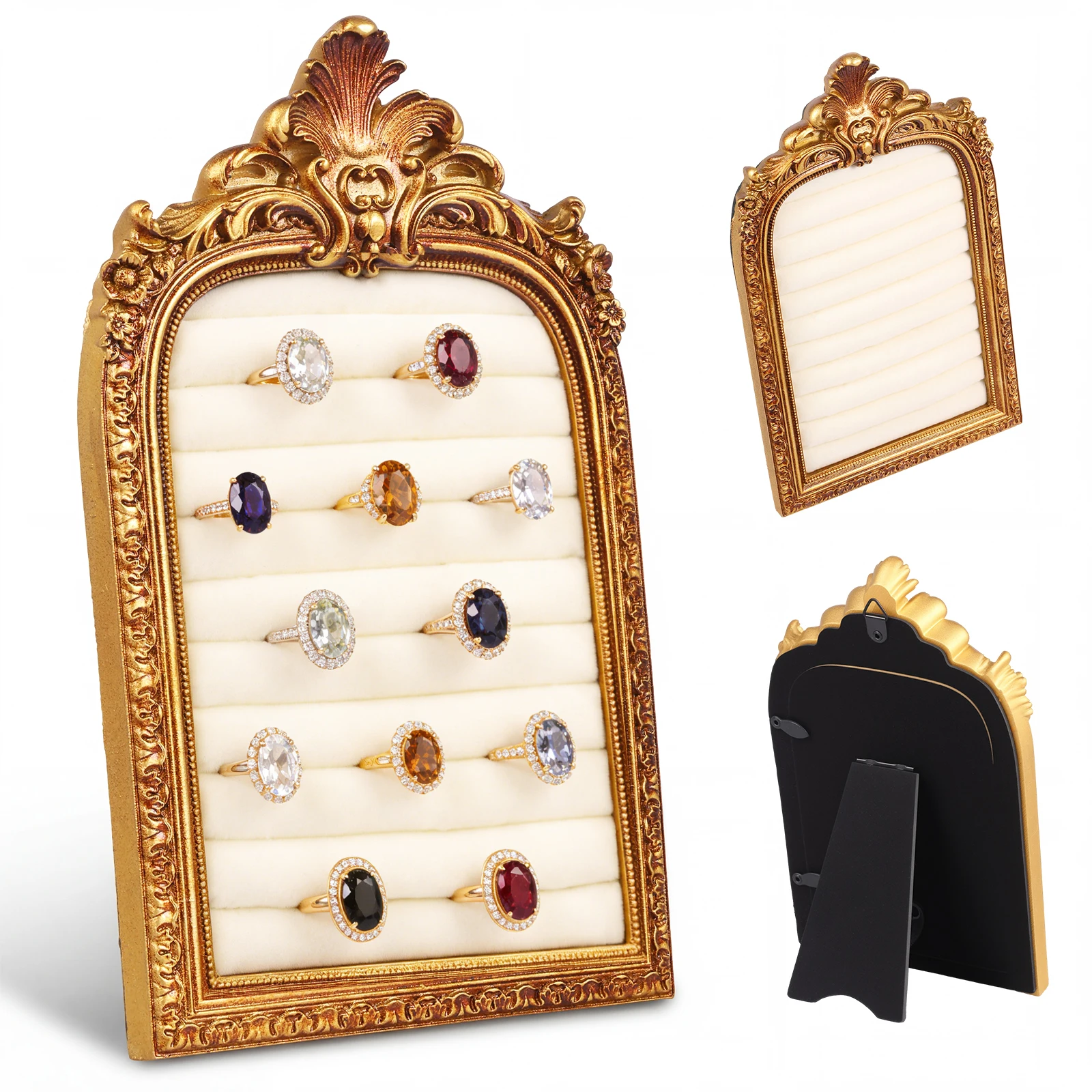 

Vintage Ring Holder Exquisite Ring Display Stand Wooden Resin and Velvet Earrings Storage Rack Necklace Ring Tray for Jewellery