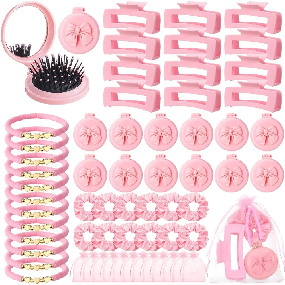 2-20 Sets de Espejos Plegables con Lazo Rosa Coquette, Cepillos, Coleteros, Pulseras y Pinzas para el Cabello para Mujer, Regalo para Pijamadas/Cumpleaños/Bodas