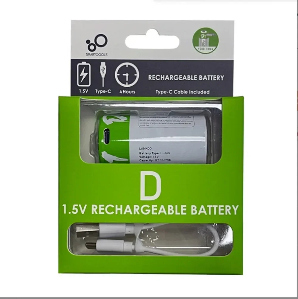 SCRCEO 1,5 V LR20 12000 mWh D-Lithiumbatterie mit Typ-C-Ladekabel, für Taschenlampen, Gasherde und Warmwasserbereiter 7