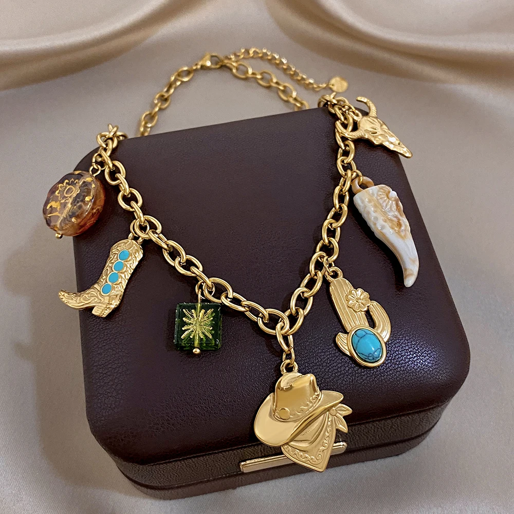 Flashbuy New Trend Stainless Steel Vintage Chic Boots Bull Head Cactus Charm Cowboy Hat Pendant Necklace Statement Party Jewelry