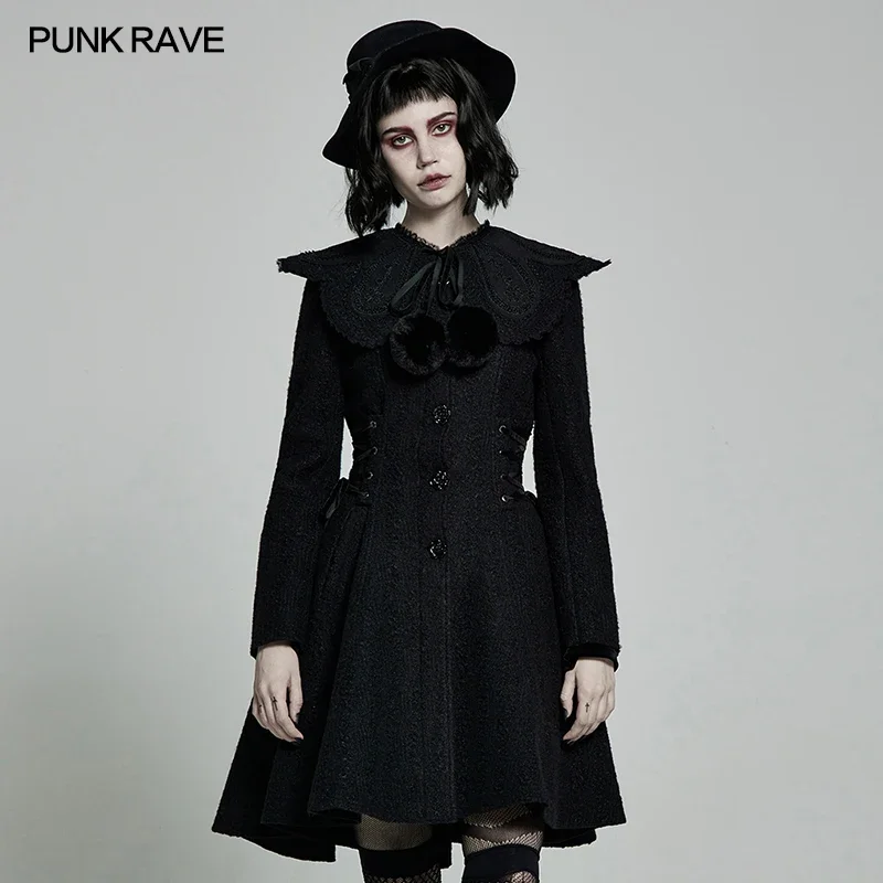 PUNK RAVE Women's Gothic Woollen Wavy Jacquard  Coat Girlish Feeling Retro Rose Detached Collar Winter Warm Black Long Jackets