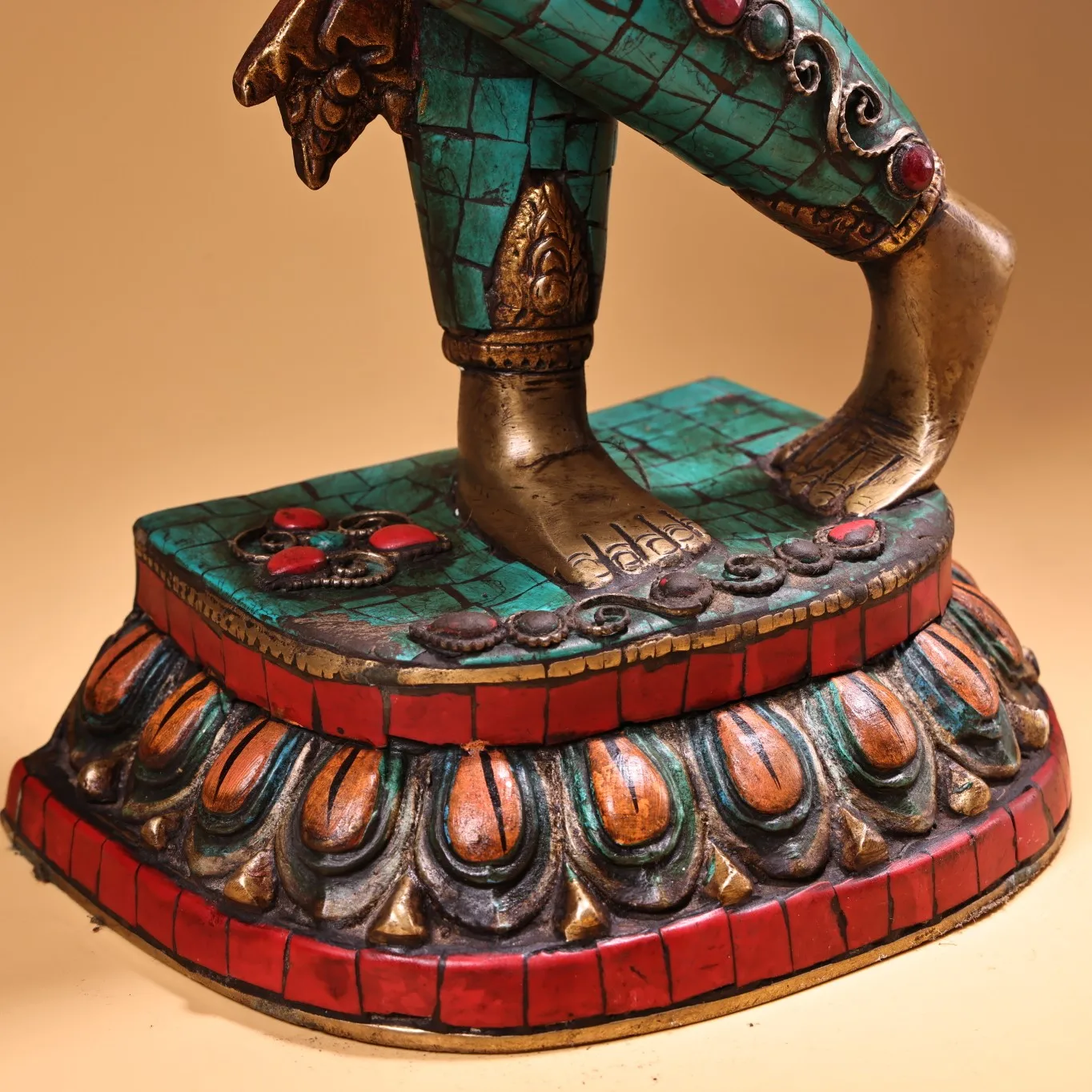 21”Nepalese folk Old Bronze Outline in gold Mosaic Gem Turquoise  Dance  Goddess Green Tara Lotus Platform Buddha