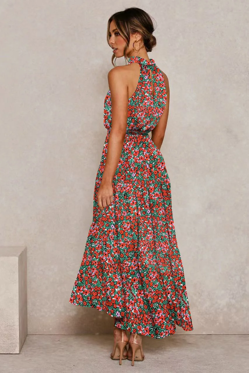 Women's Halter Neck Maxi Dress - Floral Print Boho Chic Smocked Waist Summer Beach Dress for Vacation Casual Wear