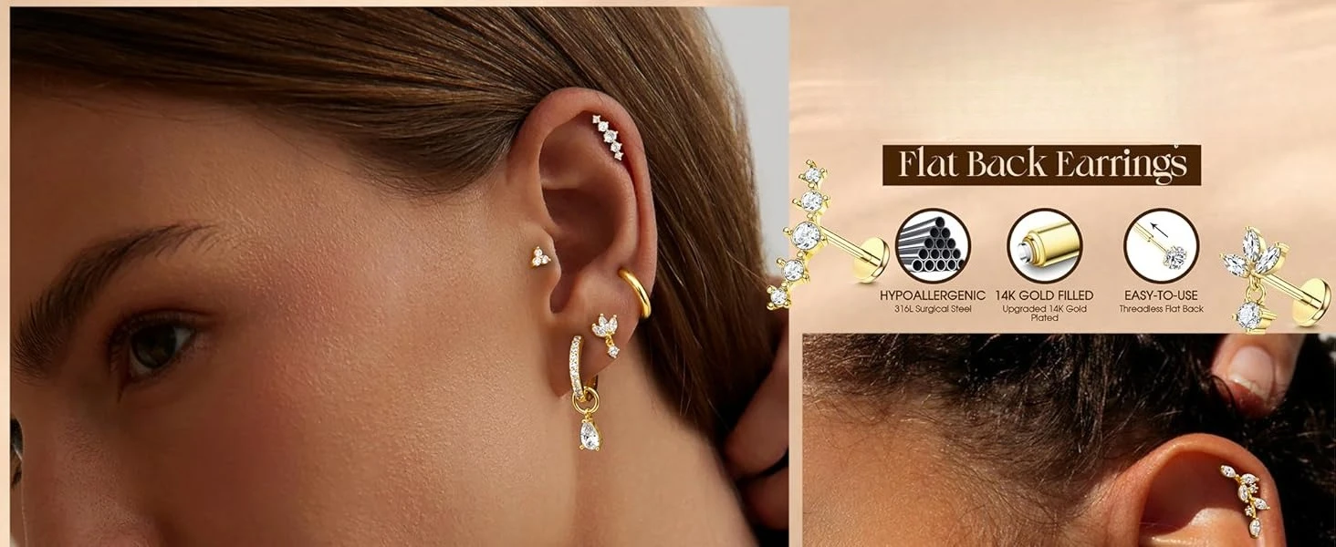 Drperfect Gewindelose Flache Ohrstecker aus 316L Chirurgenstahl, Knorpel-Ohrringe, Nasenringe, Helix-Labret-Piercing-Schmuck – Detail 1