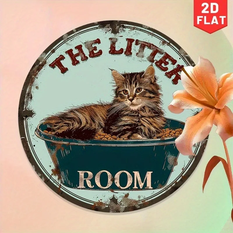 The Litter Room Long Hair Cat 2D Round Distressed Metal Tin Sign 20x20cm Vintage Rust Iron Plaque Cat Room Pet Wall Decor