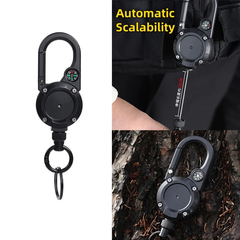 Retractable Keychain With Compass Heavy Duty Carabiner Badge Holder Extendable Badge Reel ID Holder Keyring for Outdoor Fishing