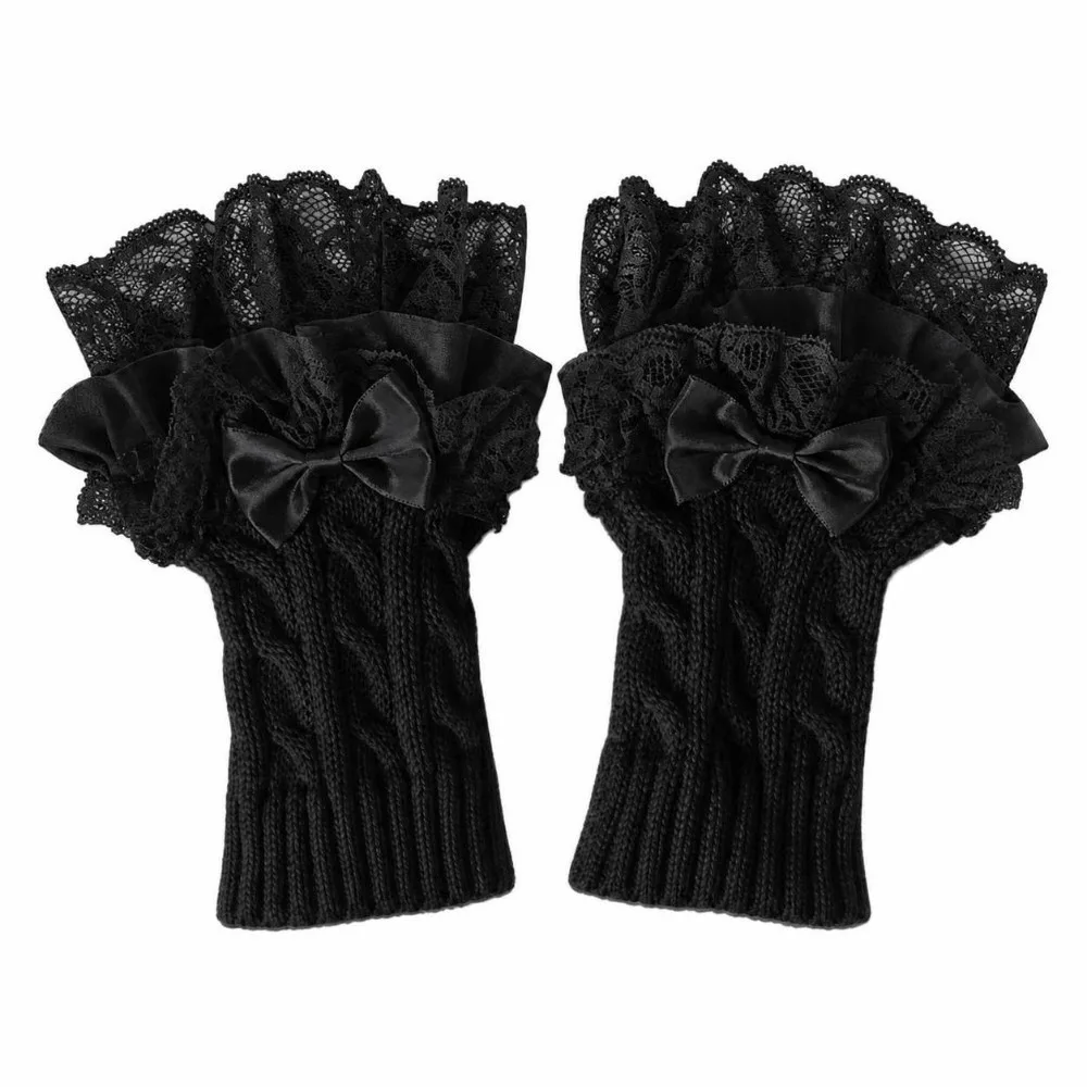 1 pair Lace Ruffle Hand Sleeves Mittens Detachable Fingerless Style Arm Warmers Gloves Knitted Stretchy Knitted Cuff Winter Wear