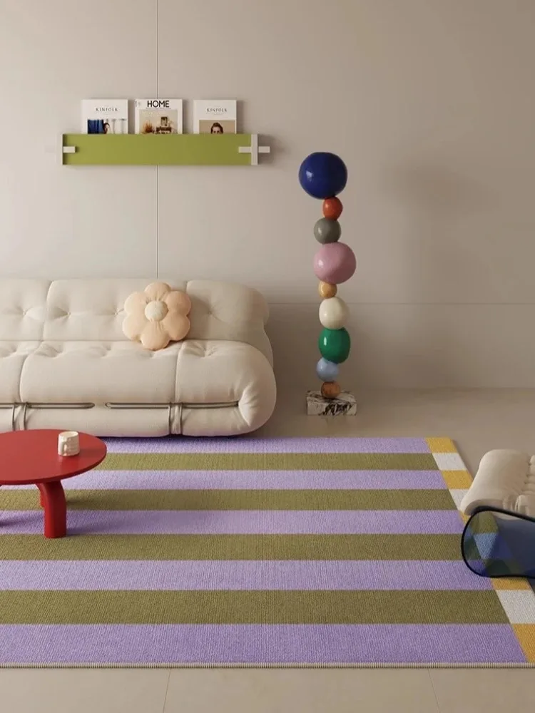 

Dopamine Contrast Striped Carpet Simple Fresh Bedroom Rug Not Easy To Hide Dust Coffee Table Rugs Easy Care Non-Slip Floor Mat