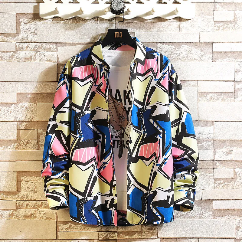 Men's Loose Long Sleeve Shirt Spring Fashion Flower Print Casual Floral plus Size Business Office Hawaiian Style