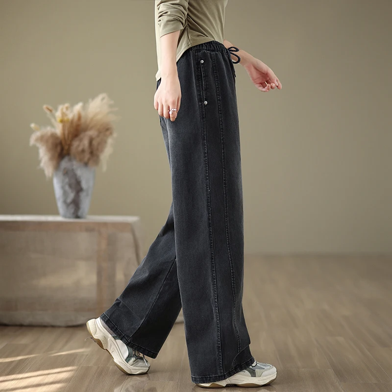 Waed Denim Wijde Pijpen Broek Gordel Pure Kleur Herfst Winter Casual Rechte Pijpen Jeans Dames Faionable Broek