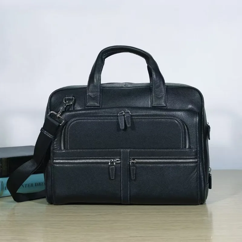 

Men's Top Grain Leather Briefcase Large Capacity Padded Laptop Compartment Professional Work Office Bag