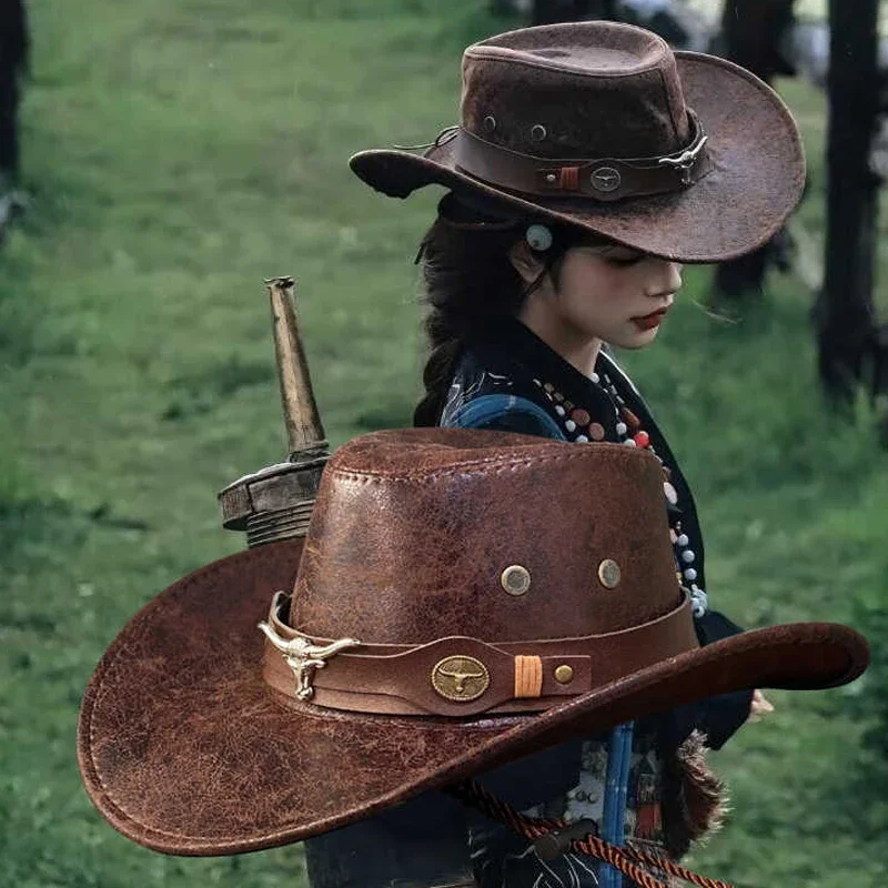 قبعة رعاة البقر للجنسين من جلد الغزال الغربي ذات حافة واسعة لجميع المواسم، قبعة فيدورا بنما العصرية - حماية ممتازة من الشمس للنساء والرجال