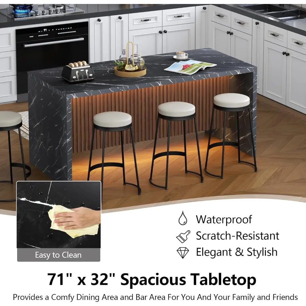 Tavolo da pranzo grande in finto marmo da 71 pollici, tavolo da isola con luce a led, tavolo da pranzo moderno da cucina con strisce di marmo