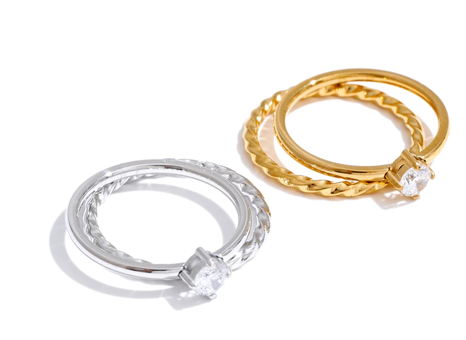 Yhpup Size 6789 Wholesale Lots Double-Layer Stacking Zircon Finger Ring Daily Classic Style Stainless Steel Chic Women Jewelry