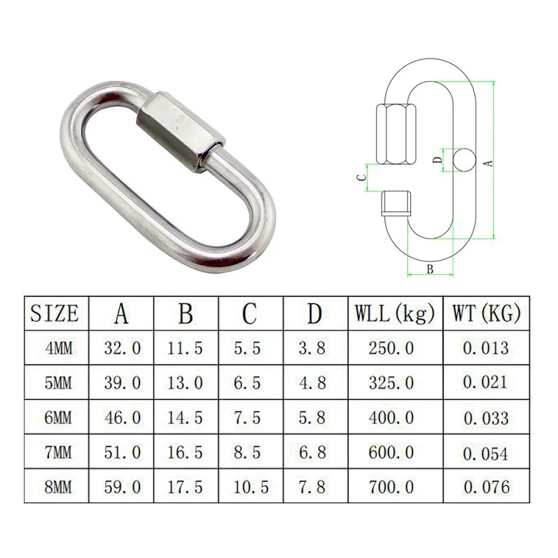 Stainless Steel 304 Spring Loaded Gate Snap Carabiner Quick Link Lock Ring Hook M5 M6 M7 M8 For Hammock Camping
