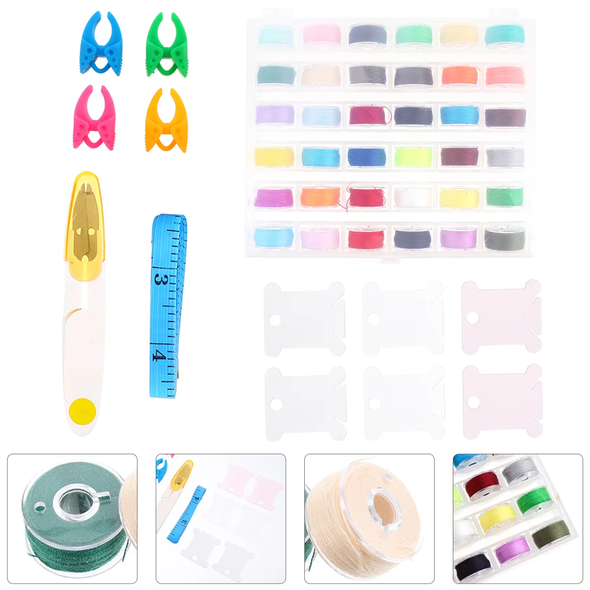 

1 Set 36-Grid Bobbins Sewing Threads Storage Case Scissor Measuring Tape Floss Bobbin Boards Sewing Machine Accessories Kit