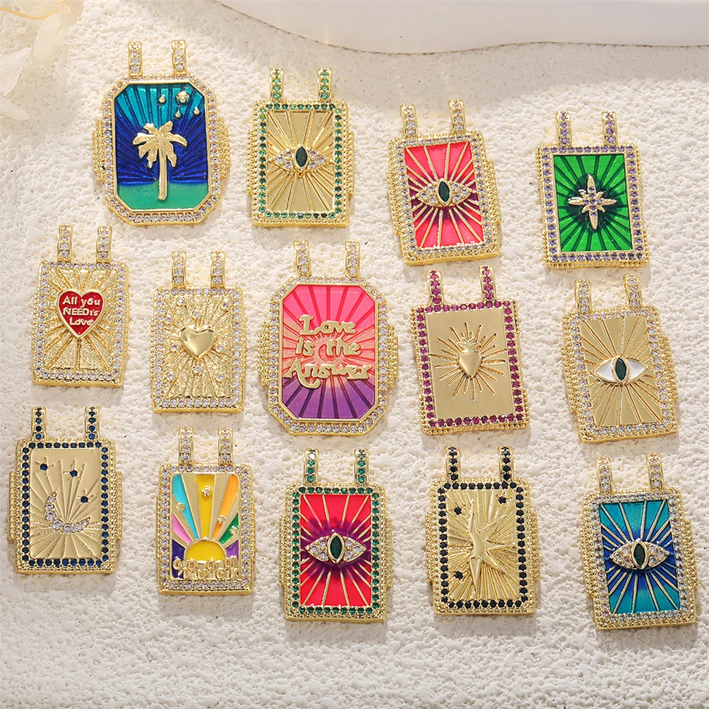 Copper Gold Plated Retro Tarot Card Square Pendants Star Sun Rainbow Eye Love Diy Jewelry  Accessories Moon Letter Heart Charms
