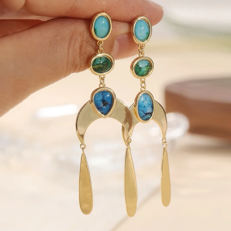 Retro Bohemian-Stil Synthetischer Türkis Eingelegte Lange Quasten-Ohrhänger für Damen Mode Urlaub Schmuck Accessoires Geschenk