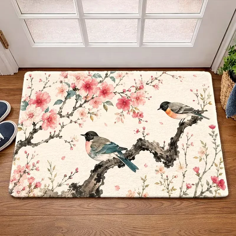 Vintage Folk Art Bird Floral Butterfly Door Mat Non Slip Entrance Doormat Botanical Flower Pattern Floor Rug for Front Door