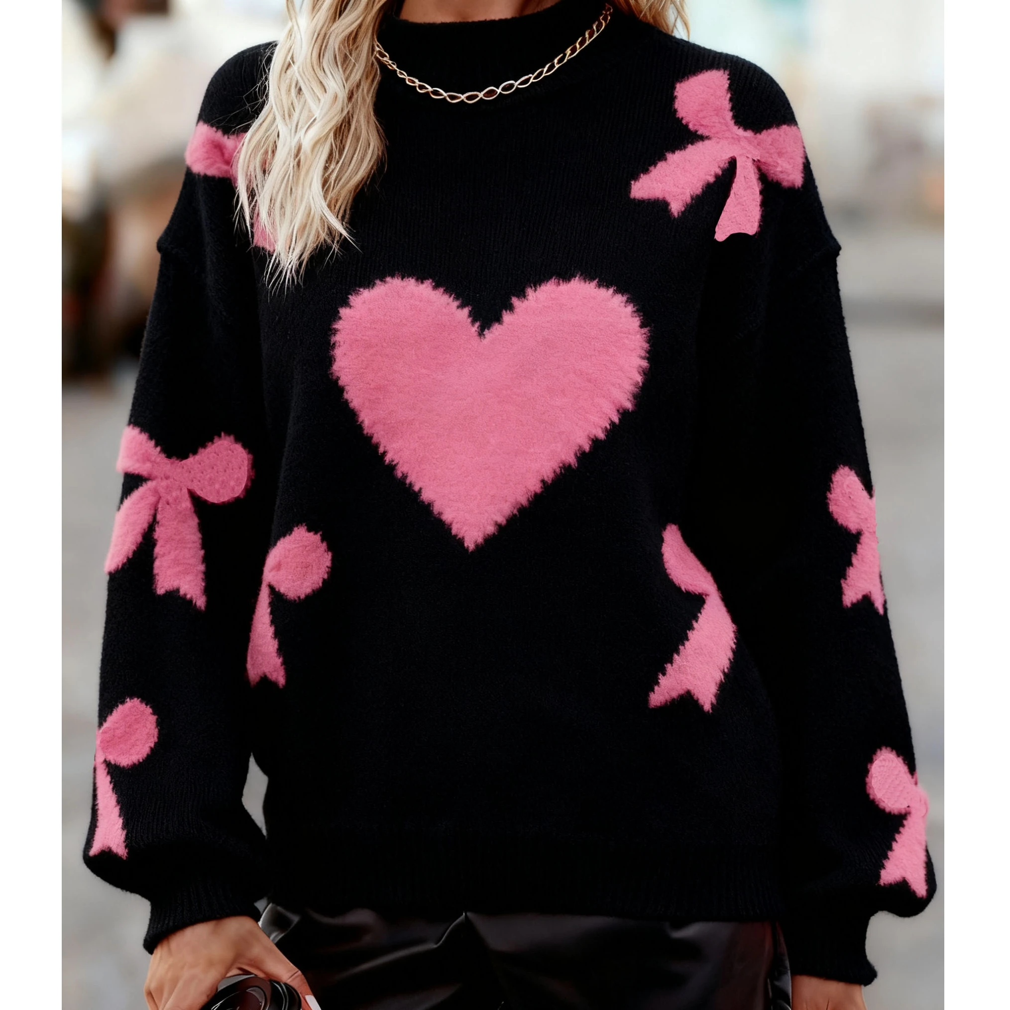 เสื้อไหมพรมคุณภาพพรีเมียมสำหรับผู้หญิง วันวาเลนไทน์ แขนยาว คอเต่า แต่งโบว์ลายหัวใจ ผ้าถักลายแจ็คการ์ด