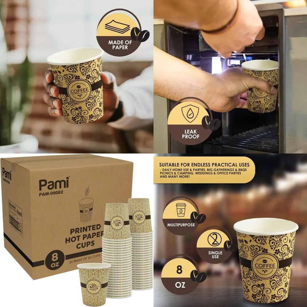 

1000 Pack 8oz Disposable Paper Coffee Cups for To-Go Beverages - Cute Hot Drink Cups