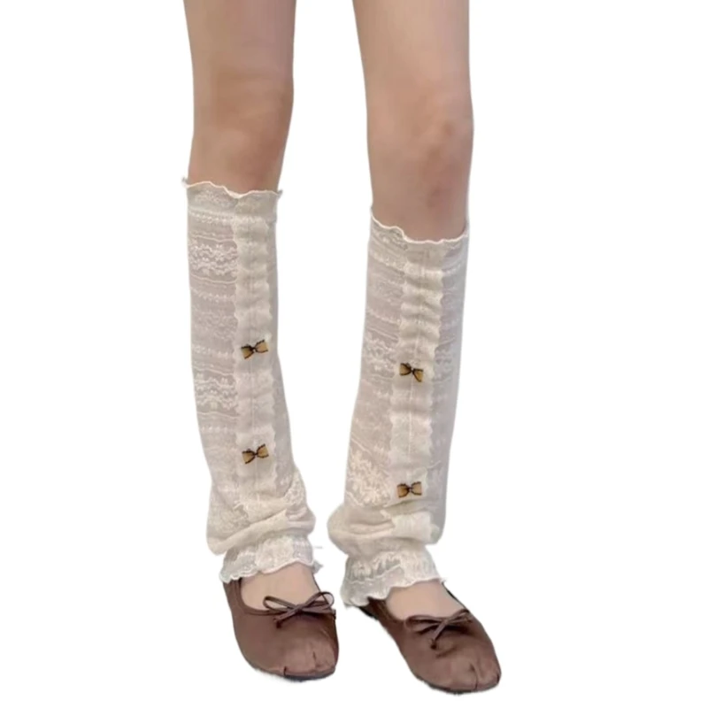 

Women Bowknot Leg Warmer Sleeve Aesthetic French Footless Long Socks Ruffle Trim Embroidery Flower Lace Leg Covers