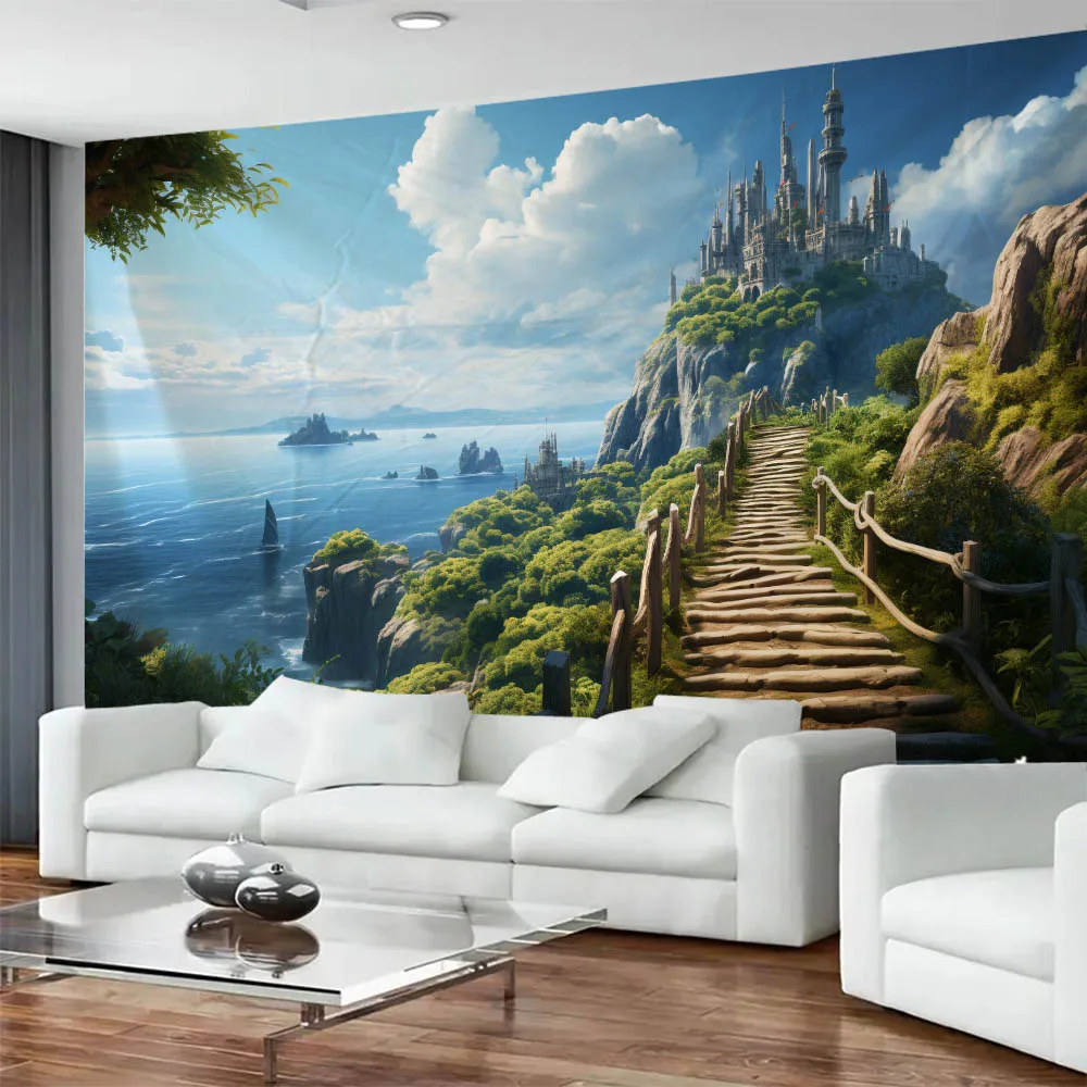 

Sea Castle Tapestry Photography Background Cloth Dreamy Forest Flowers Rainbow Landscape Wall Hanging Home Decoration