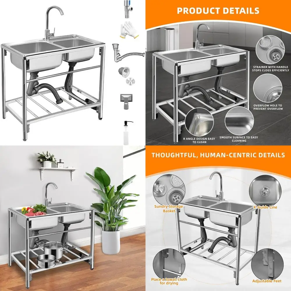 

Stainless Steel Double Bowl Outdoor Utility Sink, 31.5 x 16.9 x 29.5 with Hot/Cold Faucet and Free Stand, Commercial Grade Kitch