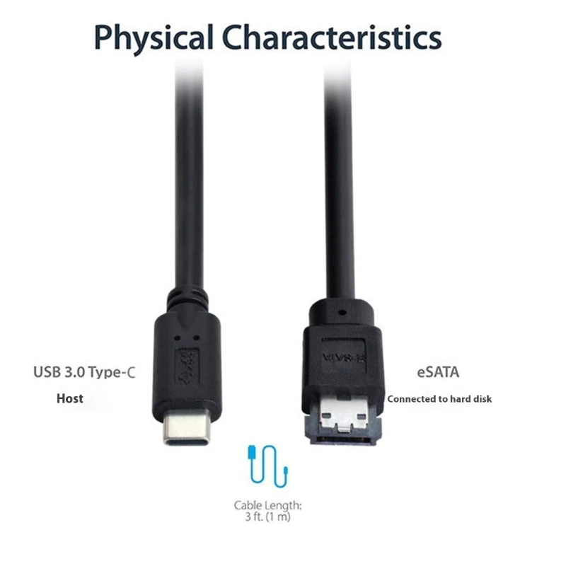 USB Type C To ESATA Converters Cable With 5V Power Supply For External HDD SSDs ODD Drive Fast Speed 5Gbps Data Transfer