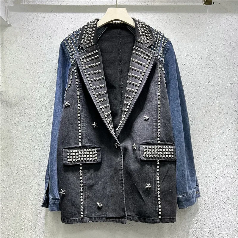 

Spring Black Mid Long Rivet Diamonds Denim Spliced Blazer Coat Women Cowboy Outerwear Loose Jeans Patchwork Suit Jacket Female