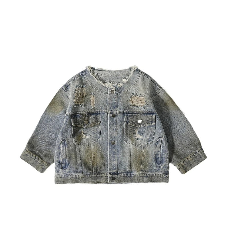 2025 Autumn New Children's Simple Retro Distressed Round Neck Loose Denim Jacket