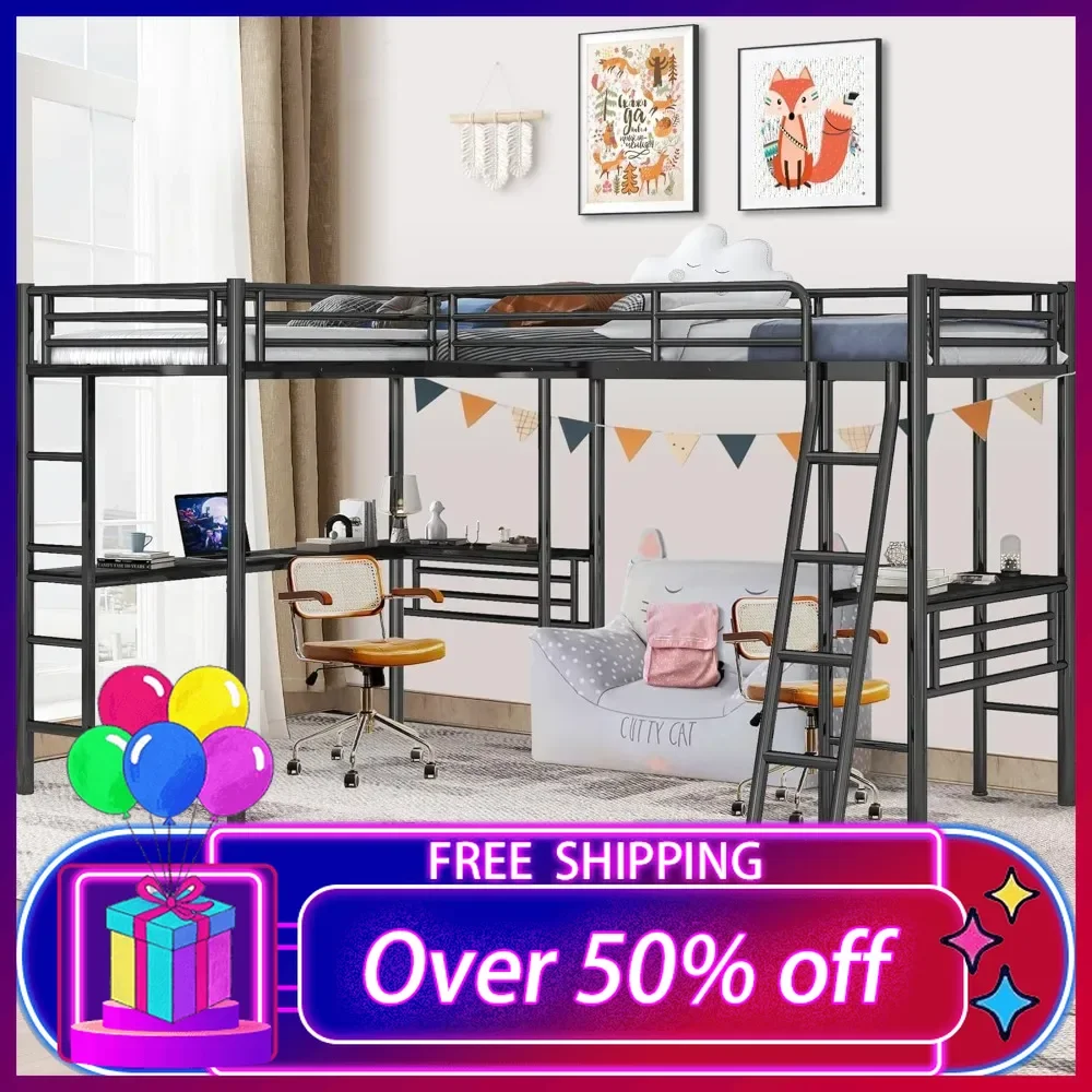 

Twin Size L-Shaped Loft Bed with 2Built-in Desks,Metal Loft Corner Bed with 2 Ladders and Safety Guard Rail,Heavy-Duty Bunk Beds