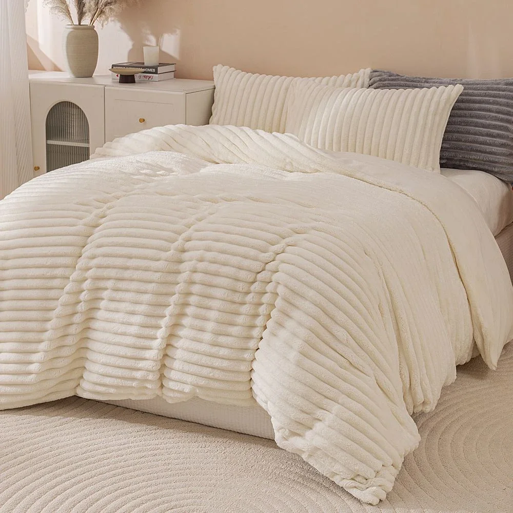 Striped Fleece Fuzzy Duvet Cover Set, Cream White Plush Fluffy Soft Warm Bedding Set 4Pcs 1Duvet Cover+1Bedsheet+2Pillowcases