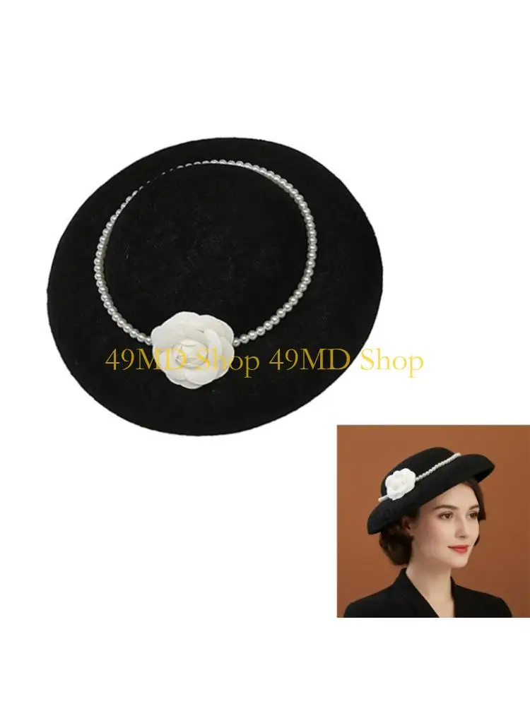 49MD Summer Linen Pearls Decorated Bucket Hat Formal Occasion Fashion Head Accessory